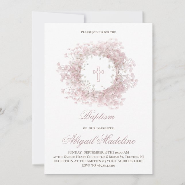 Invitation Pink Baby's Breath flowers Baptism  (Devant)