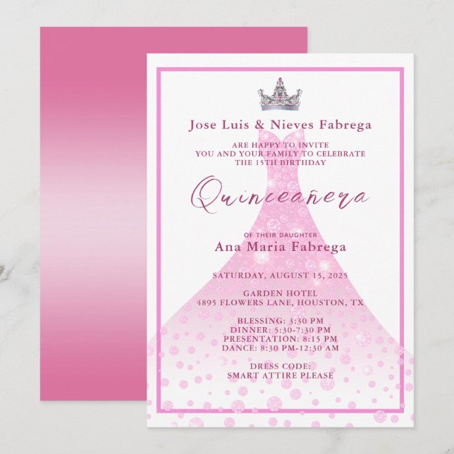 Invitation Pink Ball Gown & Tiara Quinceañera Anniversaire (Devant / Derrière)