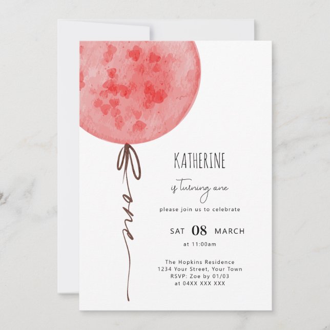 Invitation Pink Balloon Aquarelle fête d'anniversaire (Devant)
