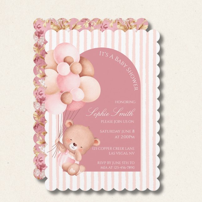 Invitation Pink Balloons, Stripes Bloom Baby Shower Scalloped (Créateur téléchargé)