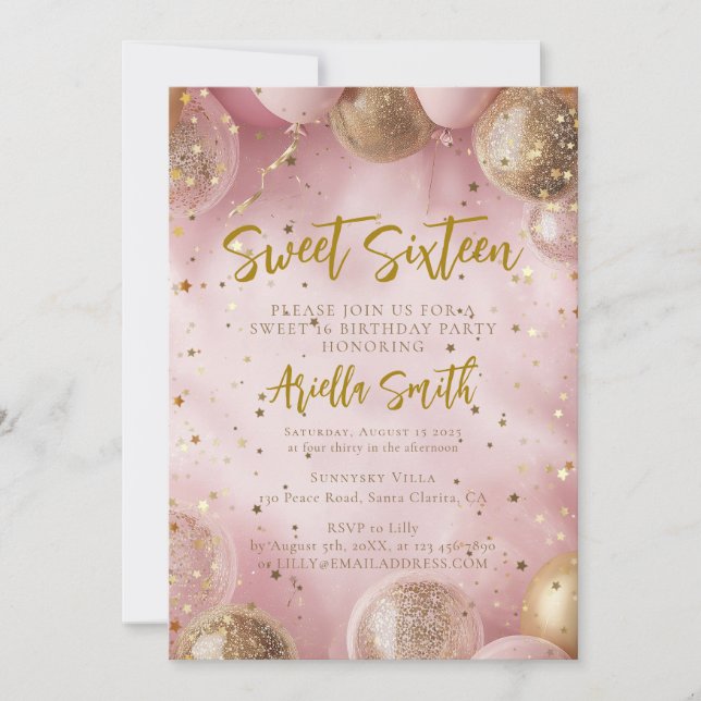 Invitation Pink balloons sweet 16 gold confetti (Devant)