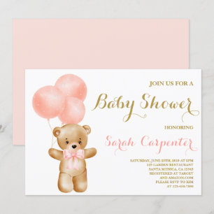 Invitation Pink Bear Baby shower fille