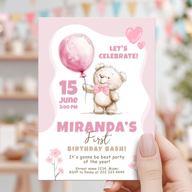 Invitation Pink Bear Birthday Bash 1st birthday (Créateur téléchargé)