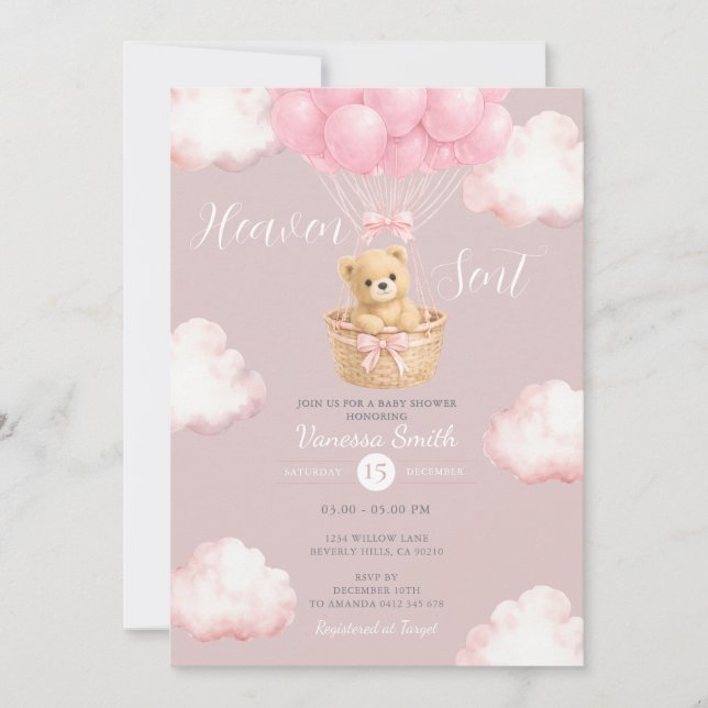 Invitation Pink Bear Heaven Sent Balloon Baby Shower Invite (Devant)
