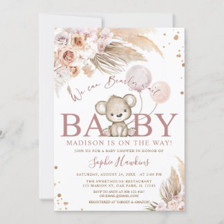 Invitation Pink Bearly Wait Boho Teddy Bear Girl Baby shower