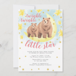 Invitation Pink Bears Gold Twinkle Baby shower Little Star