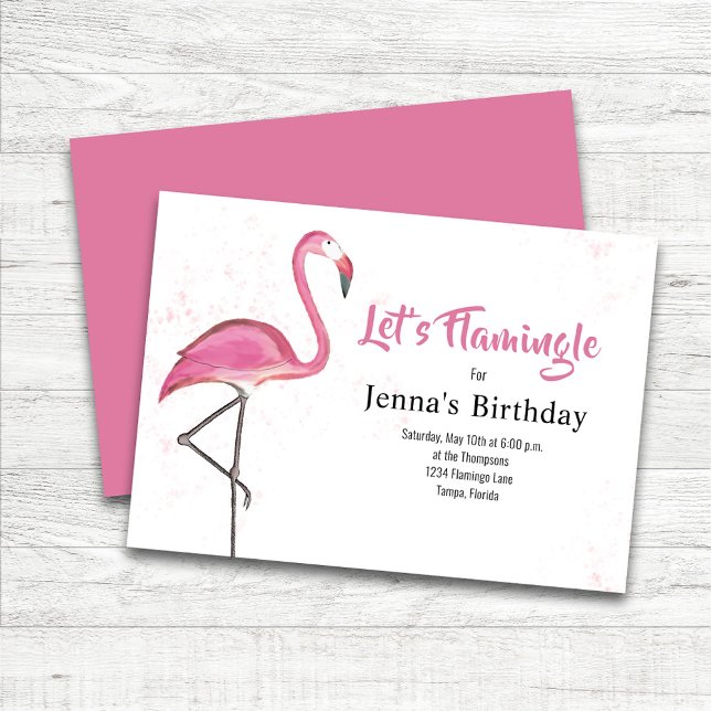 Invitation Pink Birthday Party Watercolor Flamingo (Pink Flamingo Custom Birthday Party Invitations.)