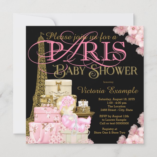 Invitation Pink Black and Gold Paris Blonde Girl Baby shower (Devant)