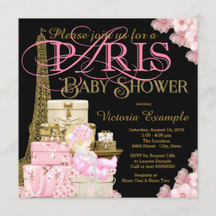 Invitation Pink Black and Gold Paris Blonde Girl Baby shower