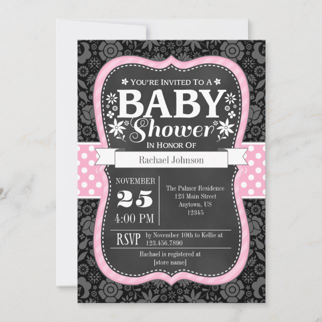 Invitation Pink Black Chalkboard Floral Baby shower Invitatio (Devant)