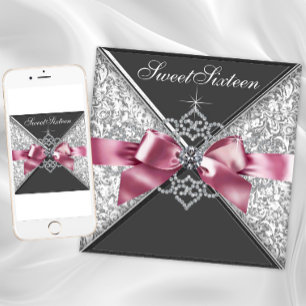Invitation Pink Black Diamond Bow Sweet 16 Anniversaire