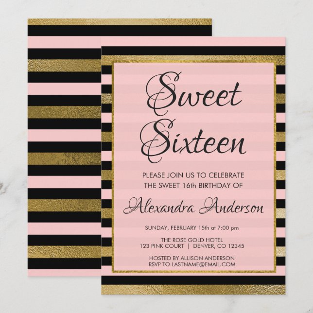 Invitation Pink Black Gold Foil Stripe Sweet 16 Anniversaire (Devant / Derrière)
