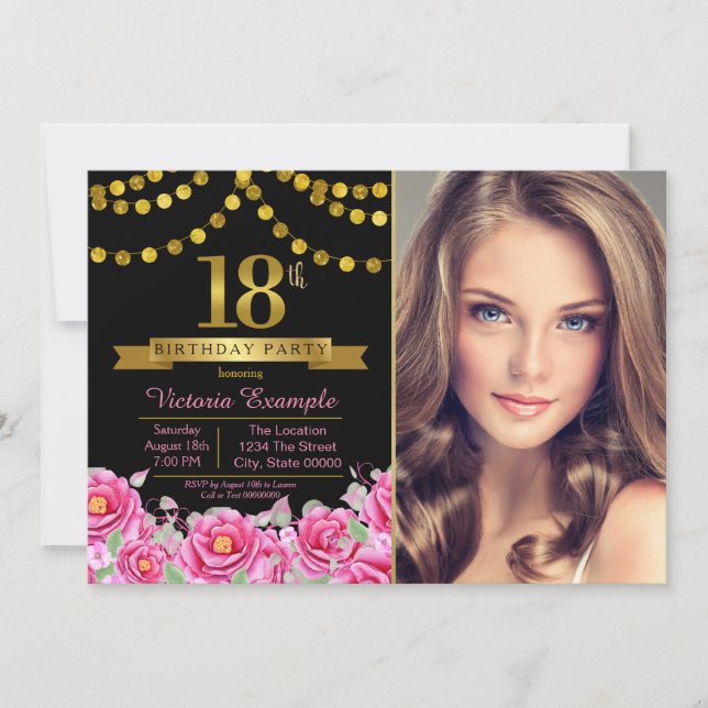Invitation Pink Black Gold Moderne 18e fête d'anniversaire (Devant)