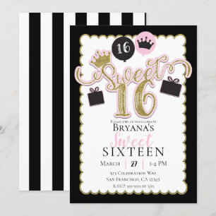 Invitation Pink Black Gold Sweet 16 rayures fête d'anniversai
