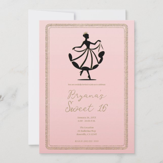 Invitation Pink Black Gold Waltzing Dancing Princess Party (Devant)