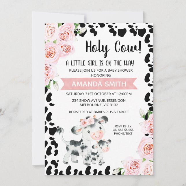 Invitation Pink Black Holy Cow Floral Cow Imprimer Baby showe (Devant)