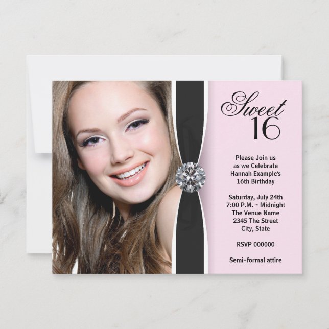 Invitation Pink Black Photo Sweet 16 Anniversaire (Devant)