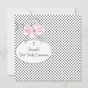 Invitation Pink Black Polka Dot Cross Girls First Communion