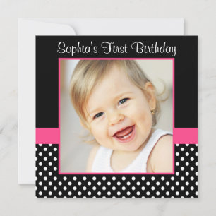 Invitation Pink Black Polka Dot Girl Photo 1er Anniversaire