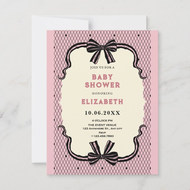 Invitation Pink black retro bow baby shower (Devant)