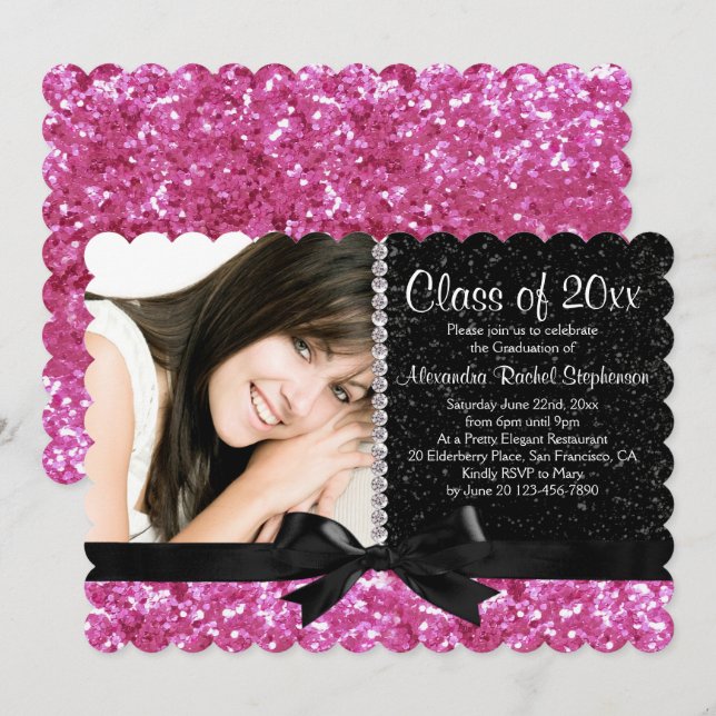 Invitation Pink/Black Sparkle-look Bow Photo Graduation Party (Devant / Derrière)