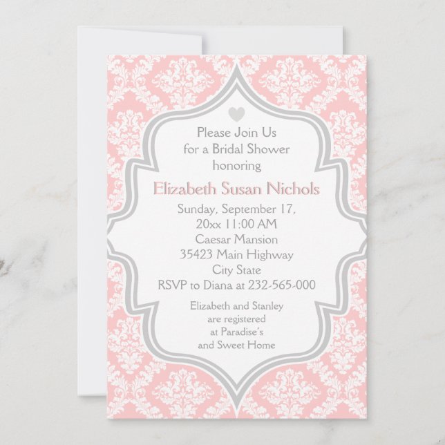 Invitation Pink, blanc, grey damask wedding bridal shower (Devant)