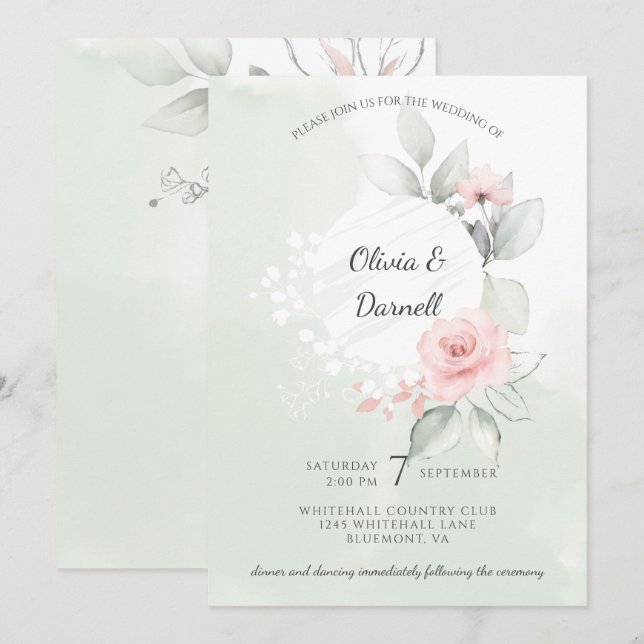 Invitation Pink Bliss Rose Pastel Green Wash Mariage (Devant / Derrière)