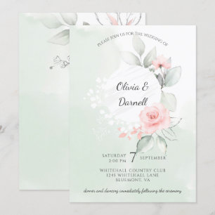 Invitation Pink Bliss Rose Pastel Green Wash Mariage