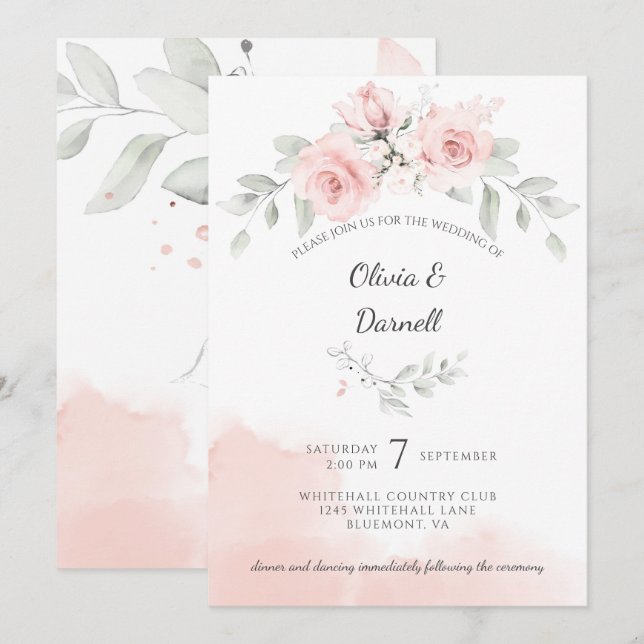Invitation Pink Bliss Roses et Mariage de verdure (Devant / Derrière)