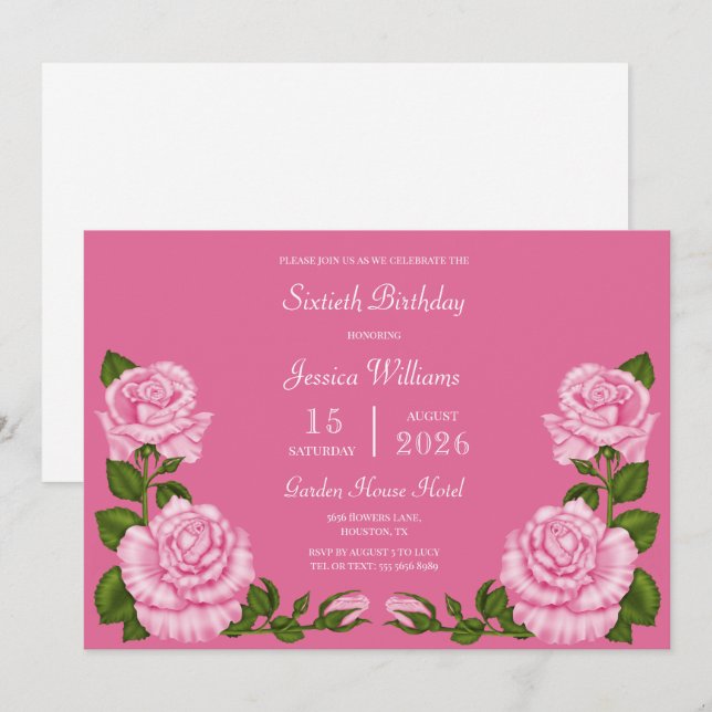 Invitation Pink Blossom Decoration 60th Birthday (Devant / Derrière)