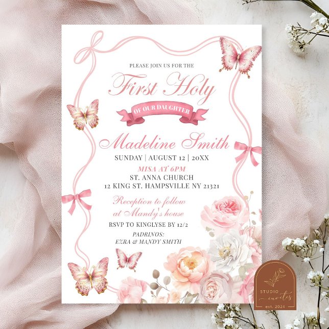 Invitation Pink Blossom Floral Butterfly première communion s (Créateur téléchargé)