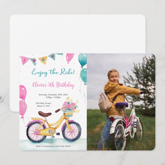 Invitation Pink & Blue Bike Anniversaire de fête Photo (Devant / Derrière)