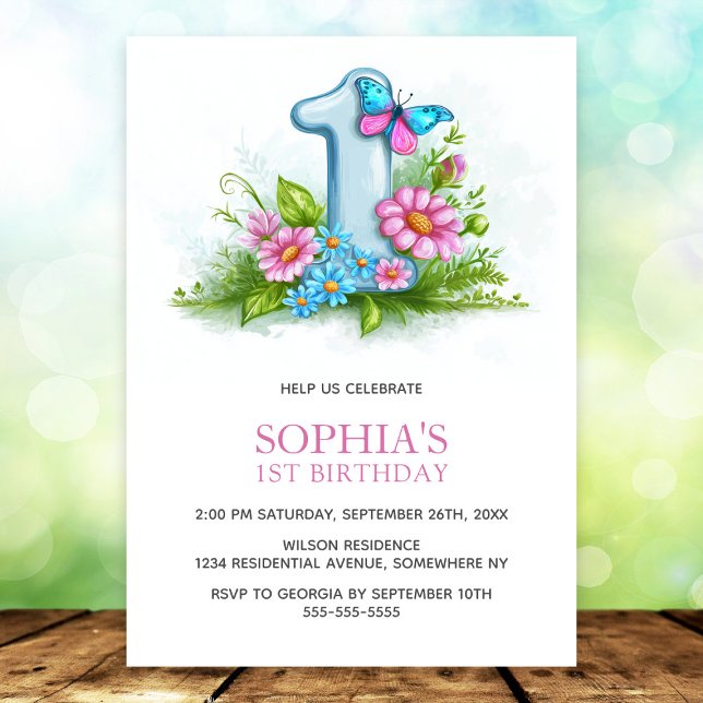 Invitation Pink Blue Butterfly Floral 1st Birthday Party (Créateur téléchargé)