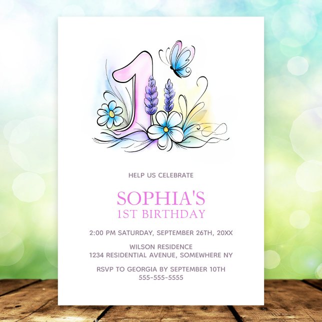 Invitation Pink Blue Butterfly Flowers 1st Birthday Party (Créateur téléchargé)