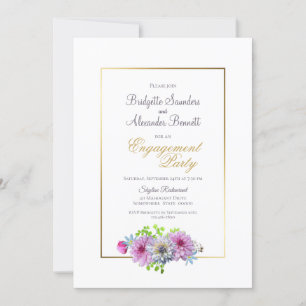 Invitation Pink Blue Floral Gold Frontière Party