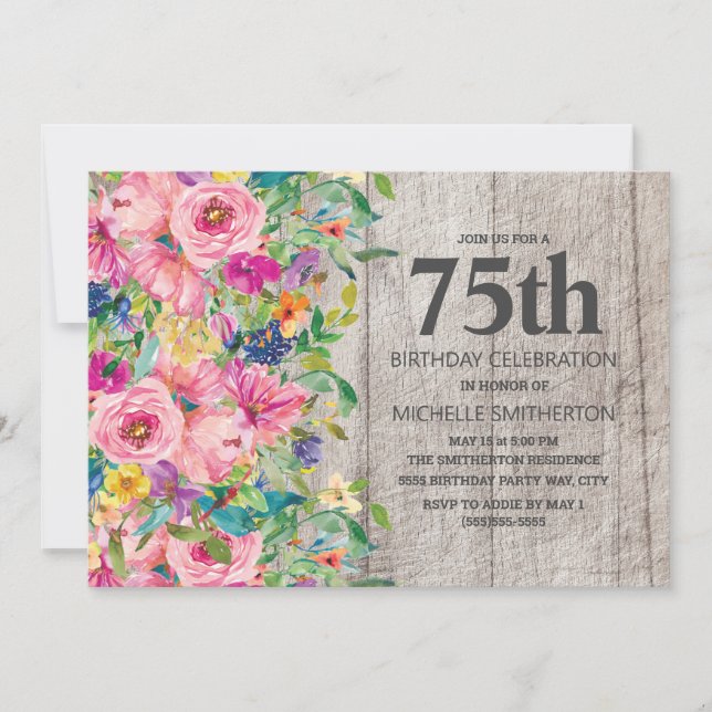 Invitation Pink Blue Floral Rustic Wood 75e fête d'anniversai (Devant)