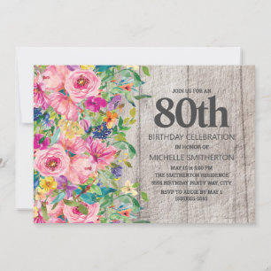 Invitation Pink Blue Floral Rustic Wood 80e fête d'anniversai