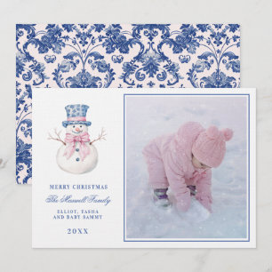 Invitation Pink & Blue Grandmillennial Damask Snowman Photo