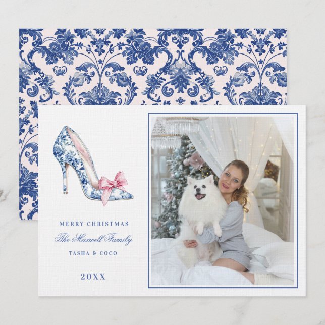 Invitation Pink & Blue Grandmillennial High Heure Noël (Devant / Derrière)