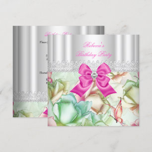 Invitation Pink Blue Green Floral dentelle fête d'anniversair