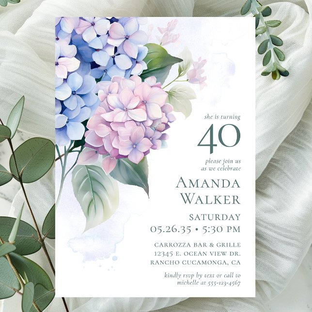 Invitation Pink Blue Hydrangeas fête du 40e anniversaire (Créateur téléchargé)