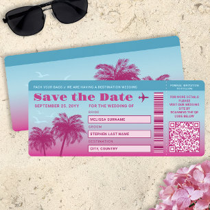 Invitation Pink Blue Palms Faux Embarquement Pass Enregistrer
