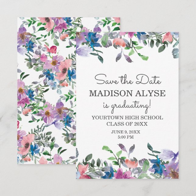 Invitation Pink Blue Purple Floral Graduation Enregistrer Dat (Devant / Derrière)
