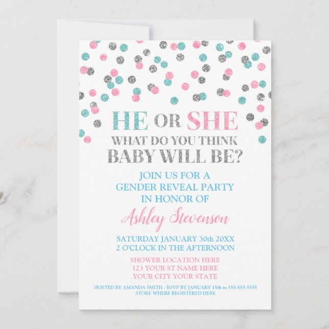 Invitation Pink Blue Silver Confetti Genre Révéler Douche (Dos)