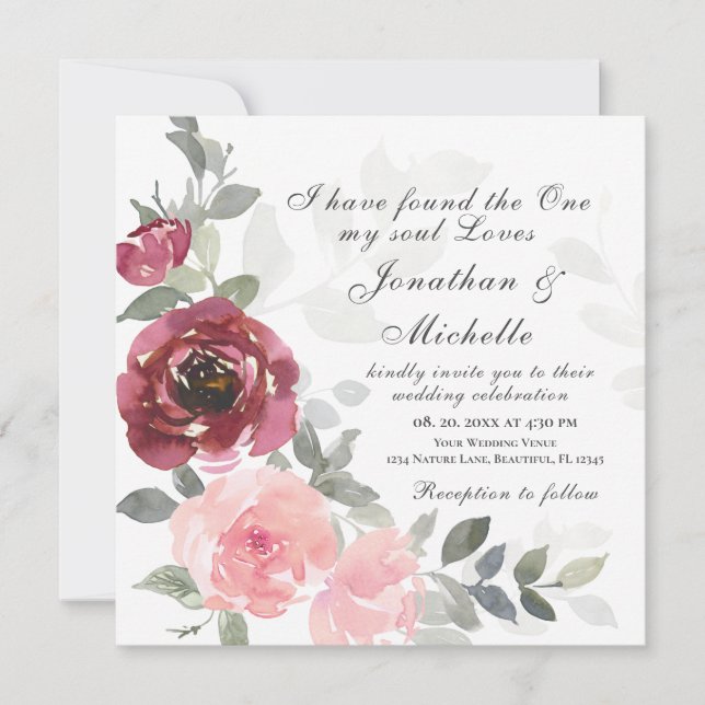 Invitation Pink Blush Bourgogne Floral Mariage (Devant)