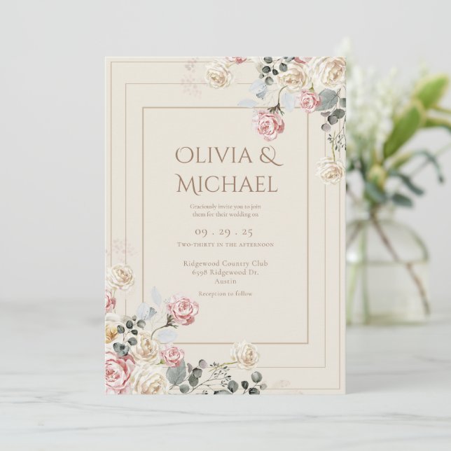 Invitation Pink Blush Cream Roses Floral Elegant Wedding (Debout devant)