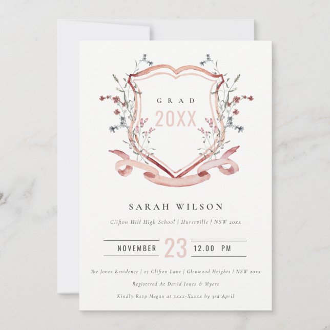 Invitation Pink Blush Fleur sauvage Aquarelle Crest Graduatio (Devant)