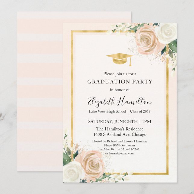 Invitation Pink Blush & Foil Gold Floral Graduation Party (Devant / Derrière)