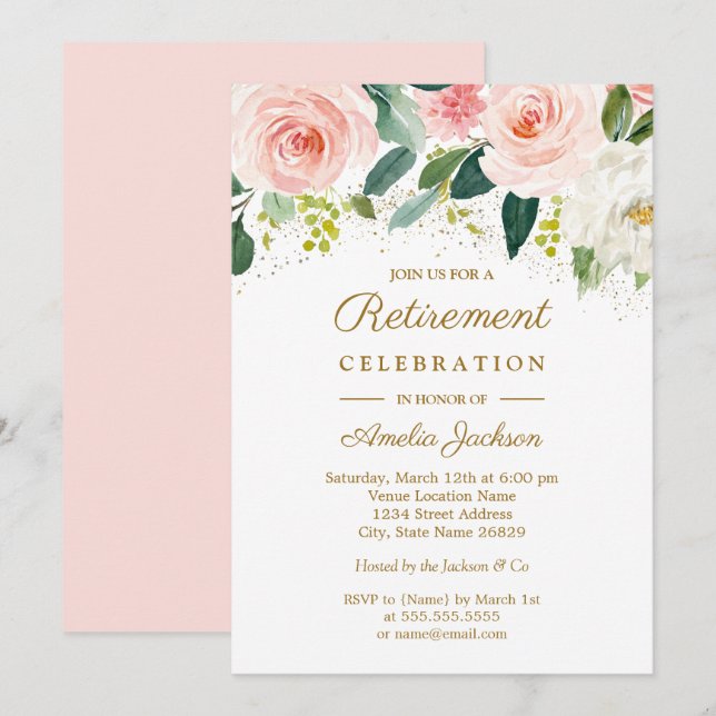 Invitation Pink Blush Gold Aquarelle Floral Retraite Party (Devant / Derrière)