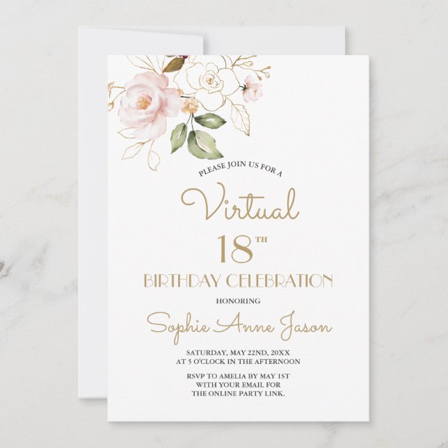 Invitation Pink Blush Gold Floral Virtual 18e fête d'annivers (Devant)
